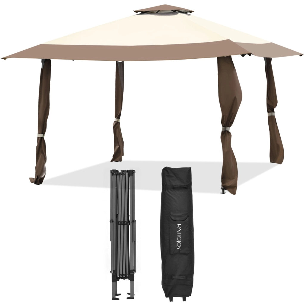 Tenda a baldacchino 4x4m con tetto a 2 livelli tessuto oxford altezze regolabili, Gazebo per cortile patio Marrone-Gazebo
