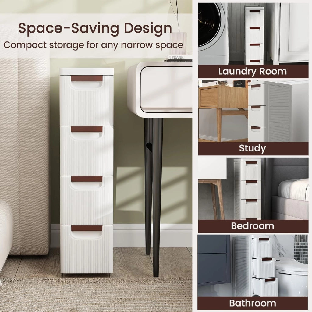 Mobiletto Stretto con Ruote, Carrello e Organizzatore Slim con 3/4/5/6 Cassetti per Spazi Piccoli, Cassettiera di Plastica per Soggiorno, Bagno, Cucina, Bianco (42 x 19 x 74 cm)