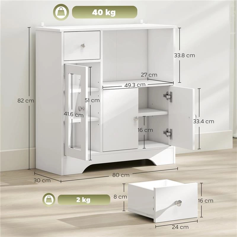 CREDENZA BUFFET CON VANO APERTO, CASSETTO, 3 RIPIANI E ARMADIETTO A 2 ANTE, IN LEGNO, 80X30X82 CM, BIANCO