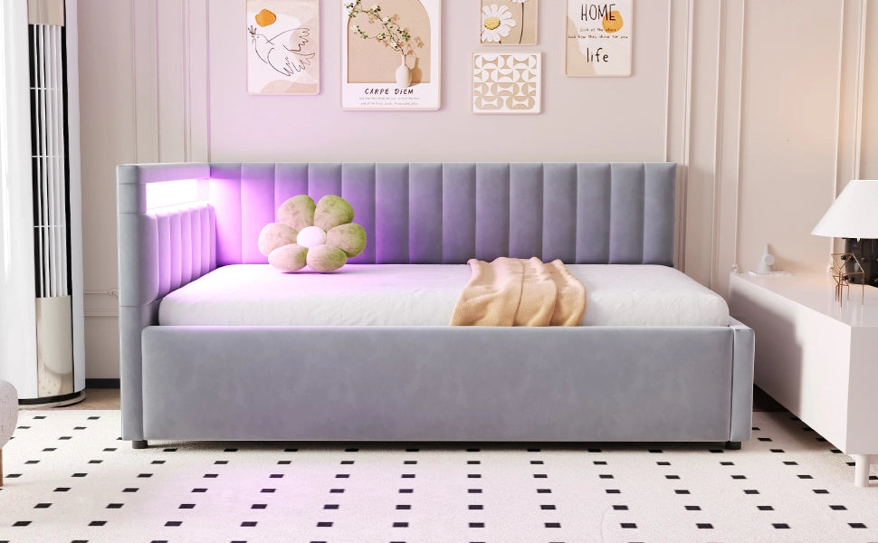 Divano letto imbottito in velluto con LED; contenitore idraulico e testiera reversibile; grigio chiaro; 90x200 cm; senza materasso