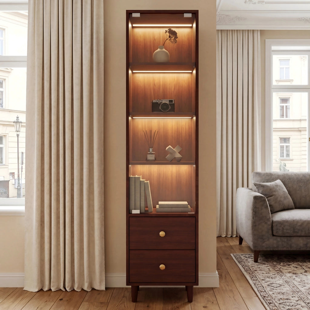 Vetrina alta con LED, anta in vetro e 2 cassetti, mobile contenitore in MDF effetto legno marrone
