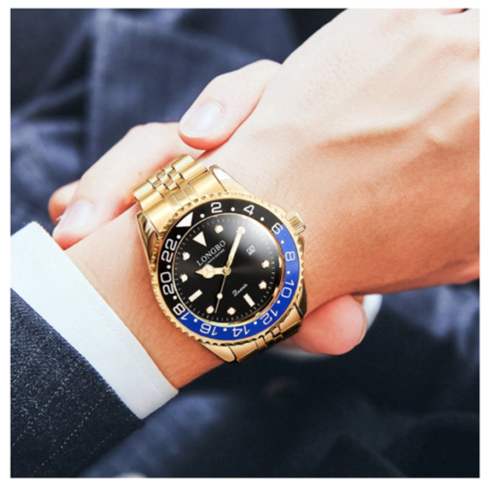 Trade Shop - Orologio Polso Uomo Acciaio Quarzo Dorato Nero Blu Nautica Mare Longbo Subacqueo -