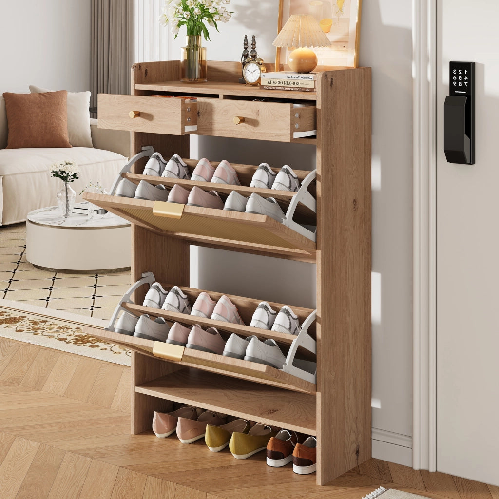 Scarpiera con 2 vani ribaltabili e 2 cassetti - per ingresso - 65x25x106 cm - naturale
