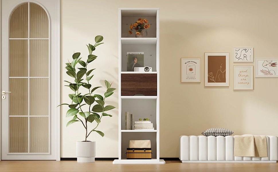 Armadio espositivo girevole con specchio a figura intera 45 x 45 x 168 cm, bianco, in MDF, con 4 vani aperti e 1 cassetto