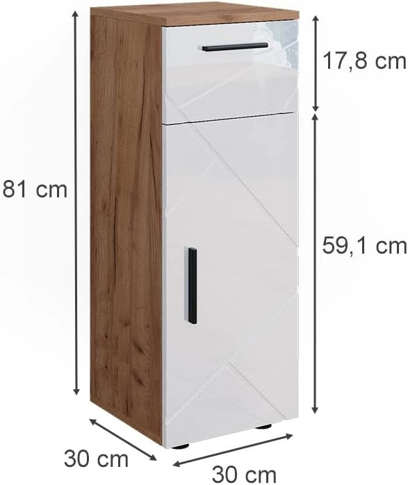 Mobiletto bagno Irma, Bianco lucido/oro power oak, 30 x 81 cm, per la conservazione in bagno, abbinabile alla serie Irma