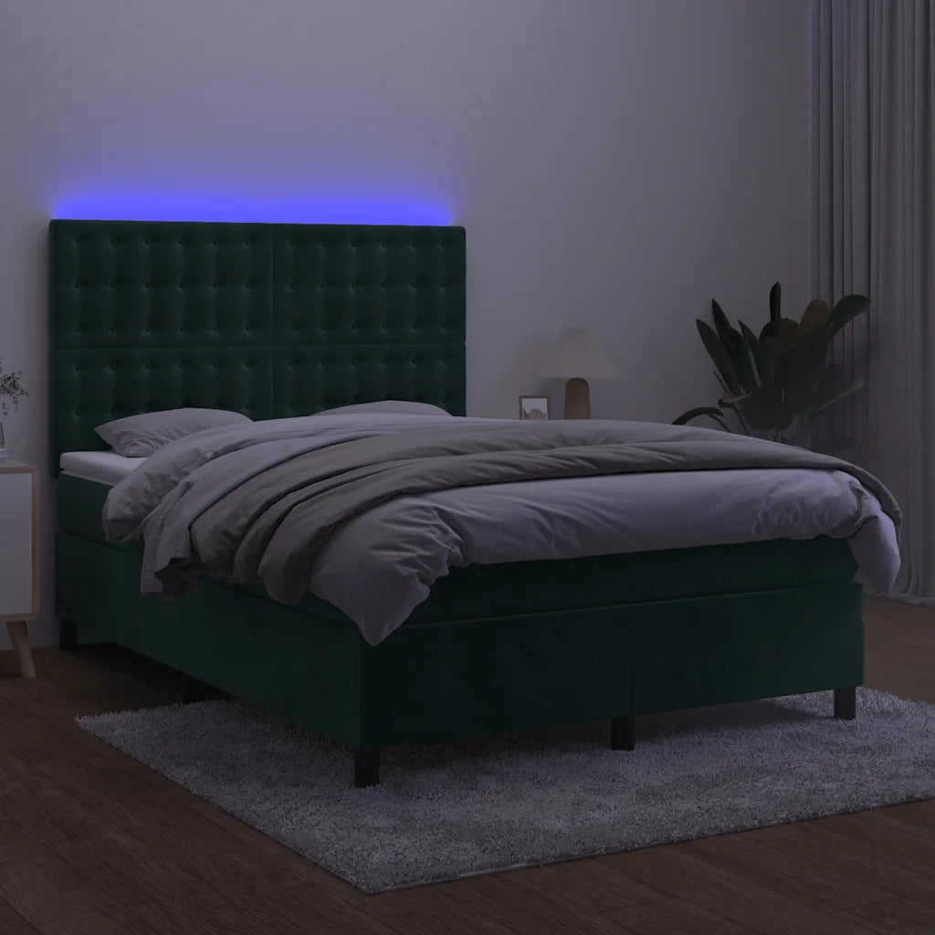 Letto a Molle con Materasso e LED Verde Scuro 140x200cm Velluto 3136368