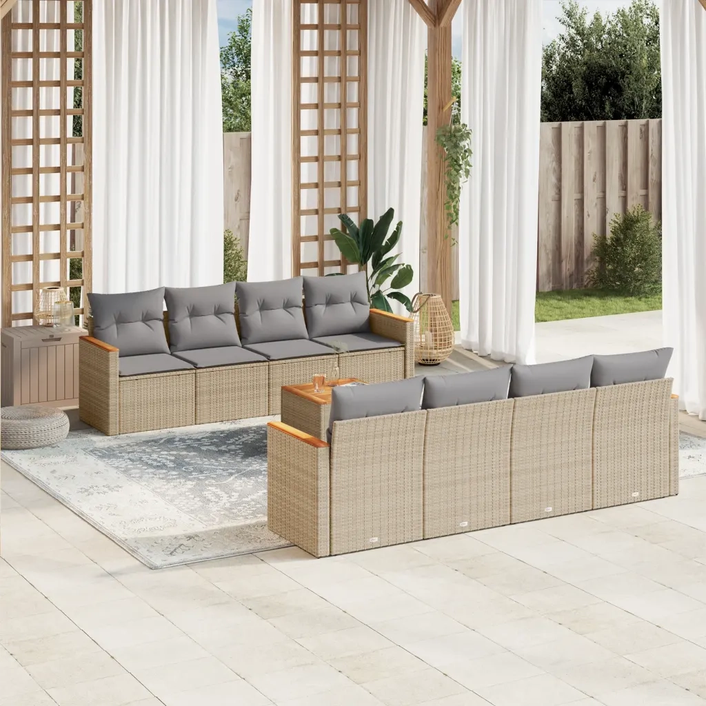 Set Divano da Giardino 9 pz con Cuscini Beige Misto Polyrattan