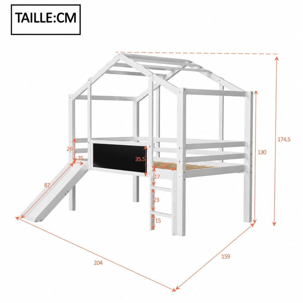 DESMIU Letto a soppalco per bambini 1 posto con scivolo, scala e lavagna, 90 × 200 cm, senza materasso