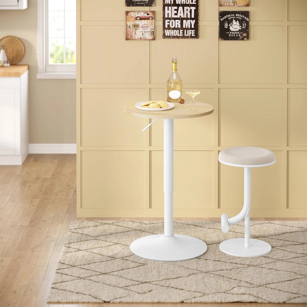 Tavolo Alto da Bar Girevole a 360°, Tavolino Rotondo in Legno e Metallo, Tavolo Regolabile in Altezza 70-91cm, da Cucina, Soggiorno, Rovere Chiaro + Bianco
