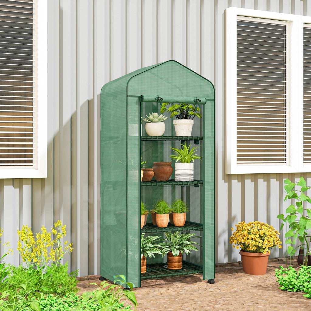 Serra da Balcone a 4 Livelli con 4 Rotelle e Ingresso Avvolgibile, in Acciaio e PE, 69x50x165 cm, Verde