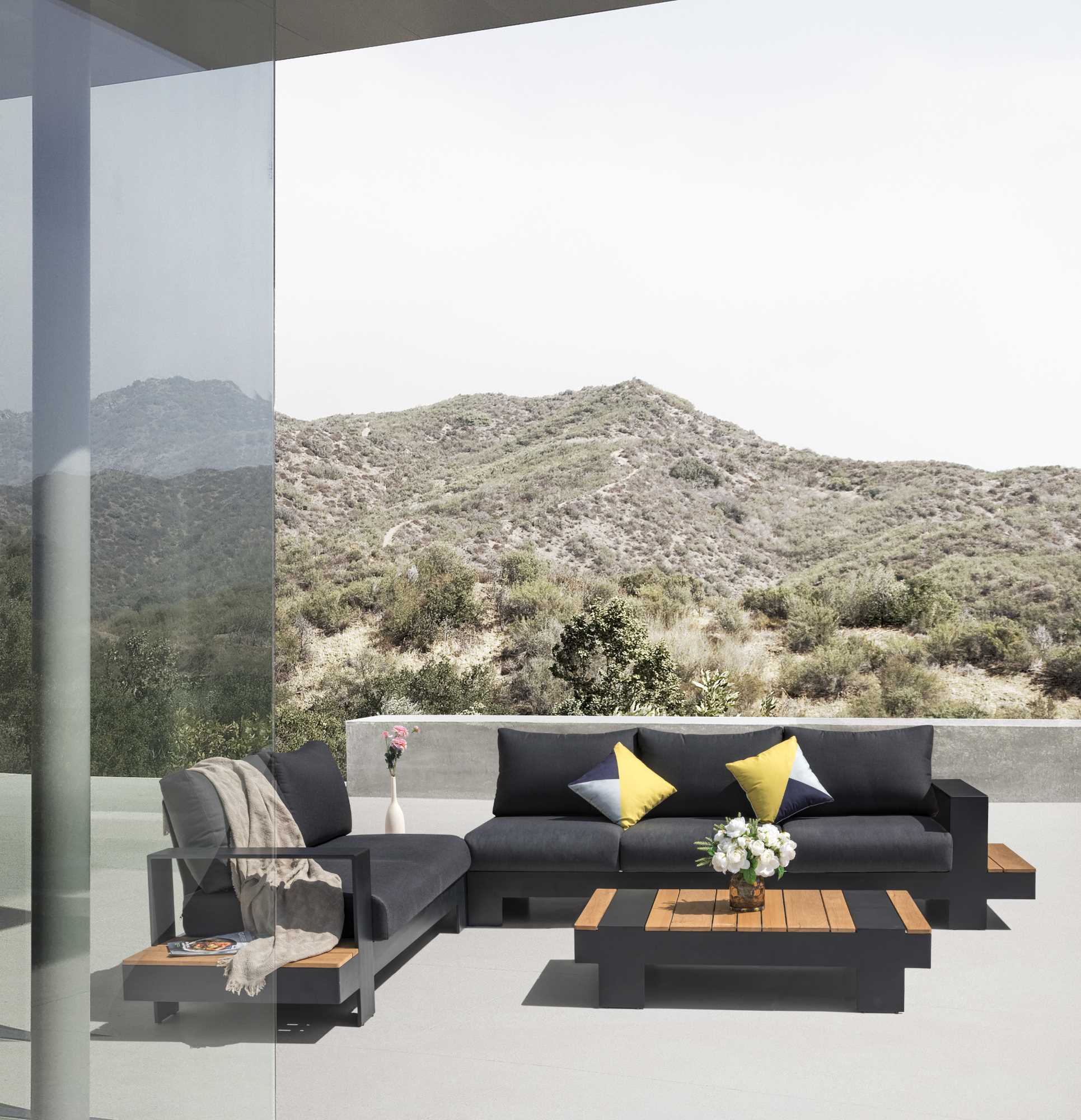 Salotto alluminio Idaho angolare 2+3 posti antracite top tavolo legno