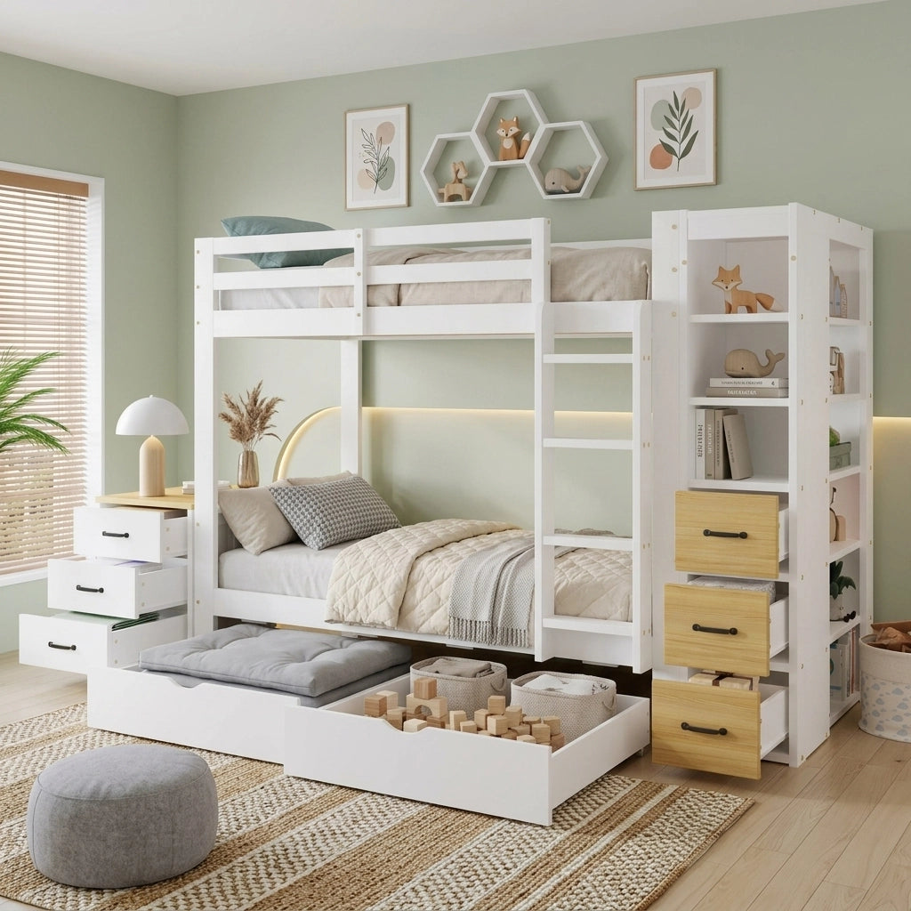Letto a castello 90x200 cm in legno con 2 cassetti; ripiani laterali e comodino; bianco naturale