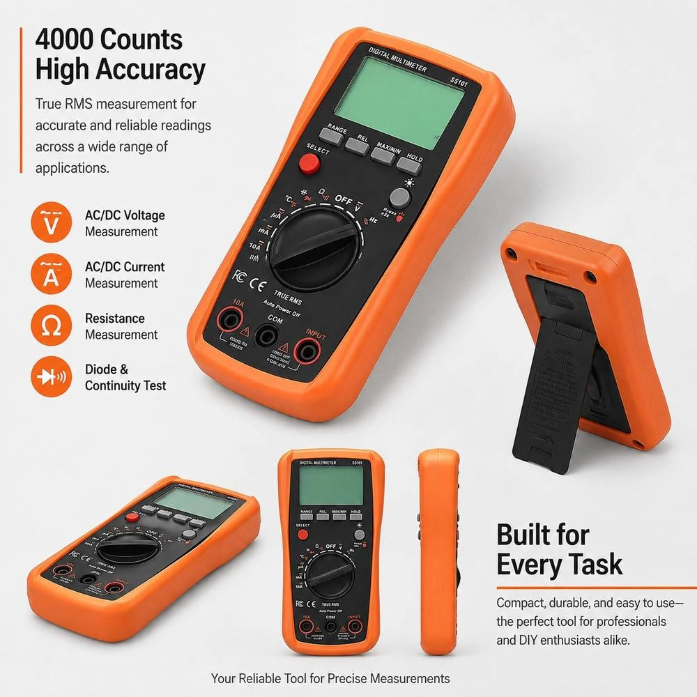 Digital Multimeter, 4000-count TRMS DC/AC Voltmeter Current Tester, Auto-ranging Multimeter For Current, Voltage, Resistance, Capacitance, Temperature, Diodes, Continuity, Duty Cycle