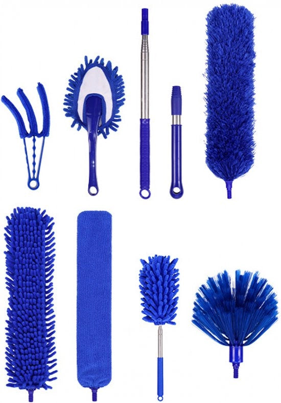 Set di Spazzole Telescopiche con Asta Telescopica - 9 pezzi - Microfibra - Stoffe - Lavabile e Rotolabile - Flessibile - Microfibra - Rimozione della Sporcizia Effettiva - Utile per la Pulizia a Casa