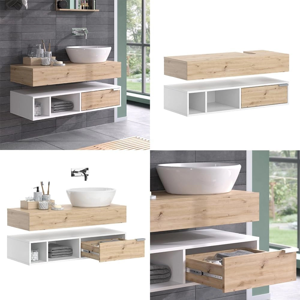 Mobile sottolavabo per bagno Henri, Bianco, 100 x 15 cm con cassetto, per il montaggio sotto il lavandino con ritaglio per sifone