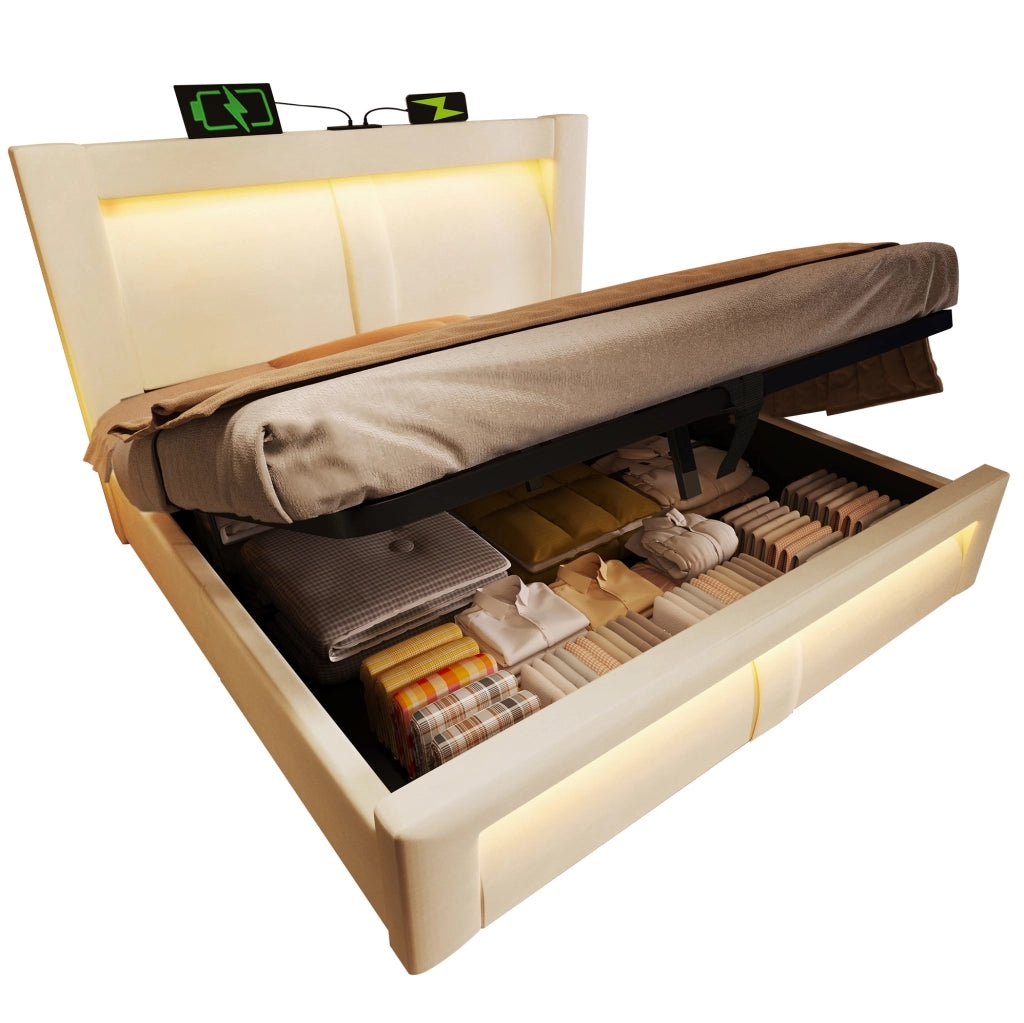 Letto imbottito con contenitore 180x200 cm, LED, USB e Type‑C