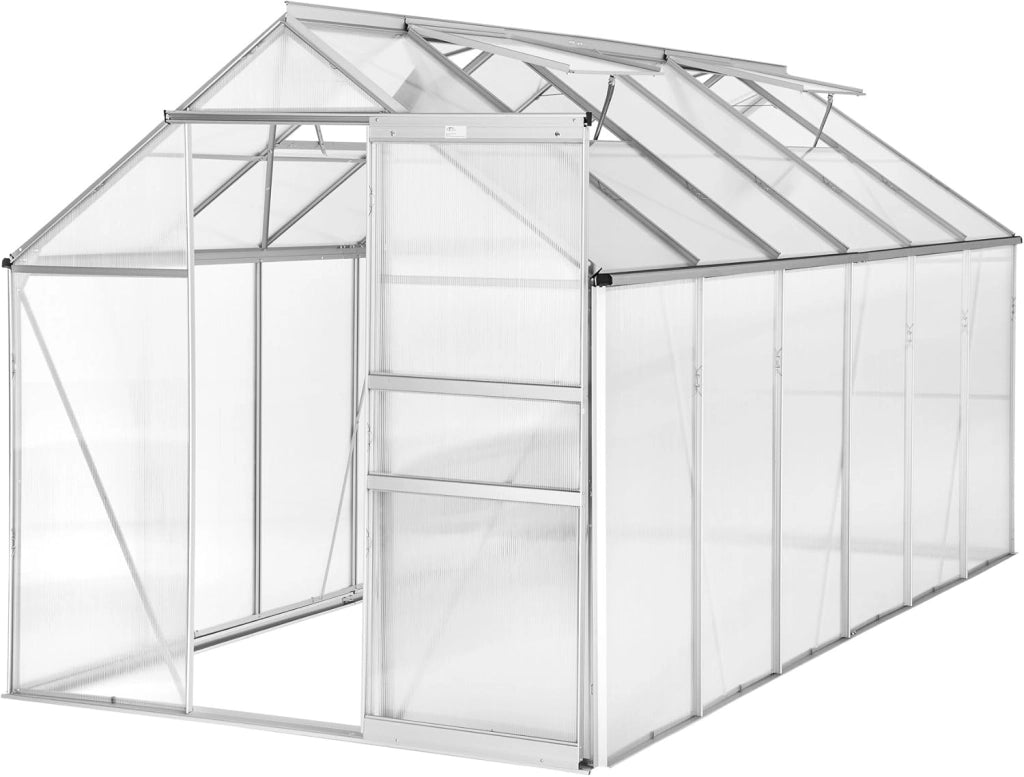 Serra da Giardino con Telaio in Alluminio Anodizzato, Serra per Orto con Lastre Alveolari Termoisolanti, Serra con Porta Scorrevole, Finestra a Tetto per Ventilazione - 375x185x195 cm