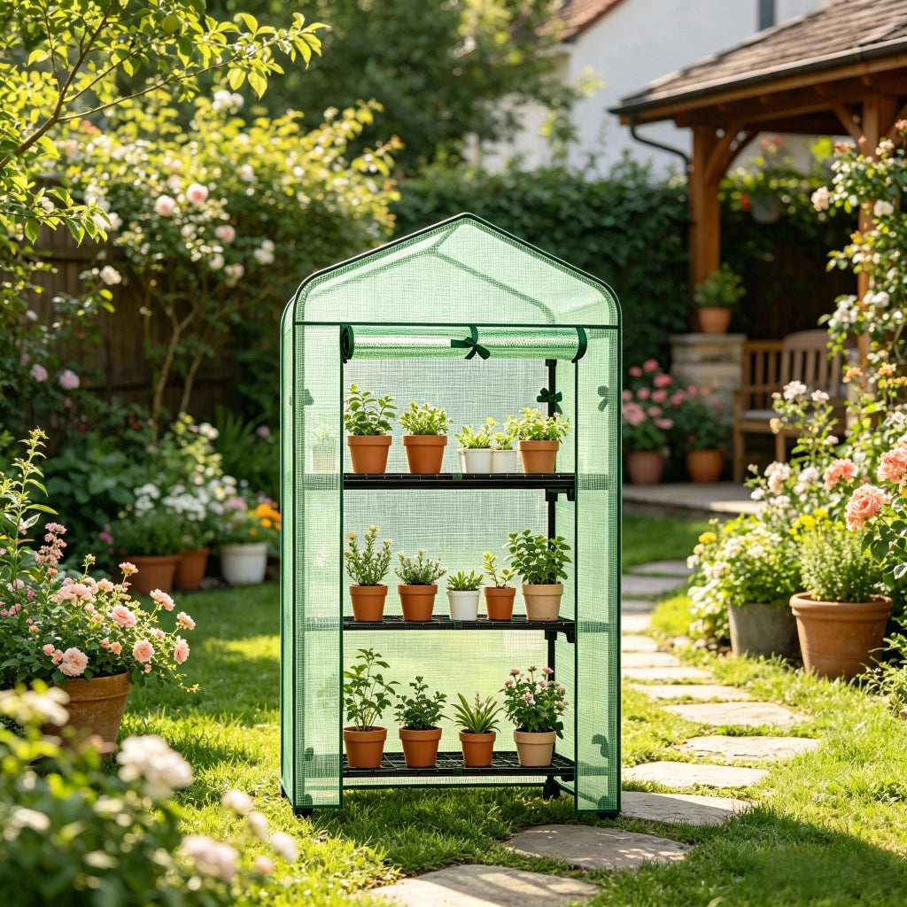 Serra a tunnel con ruote e 3 ripiani in rete, porta a zip arrotolabile, PE rinforzato verde 70 × 50 × 130 cm