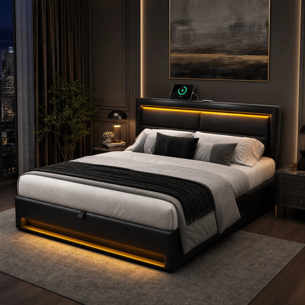 Letto imbottito 140 x 190 cm con USB, LED e contenitore, PU, nero