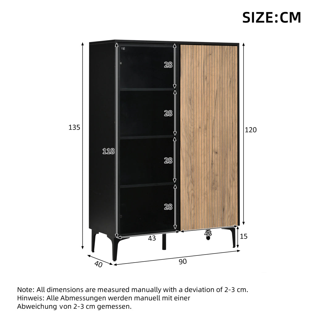 Vetrina con 2 ante e 8 vani, LED RGB controllato da app, per soggiorno, in MDF, nero naturale, 90 × 40 × 135 cm
