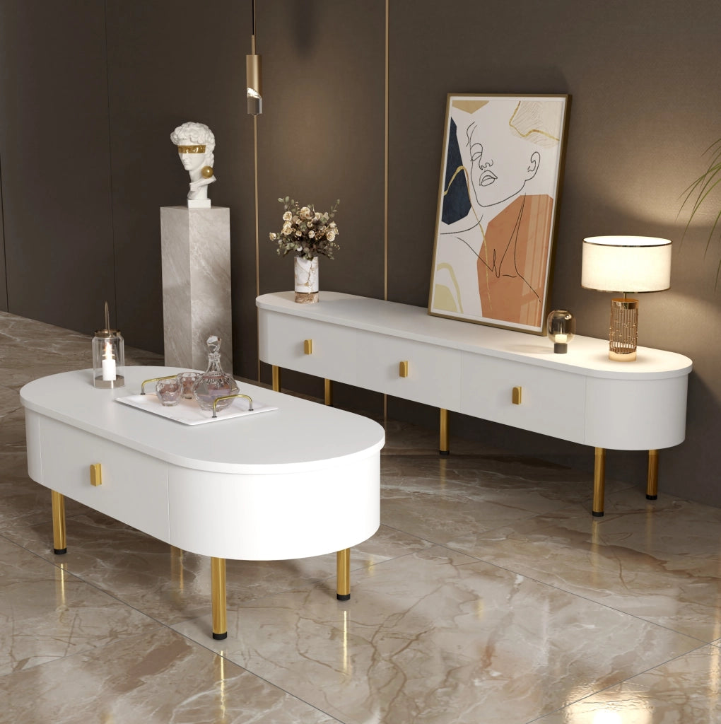 Combinazione tavolino da caffè e mobile TV con cassetti; in MDF bianco e oro
