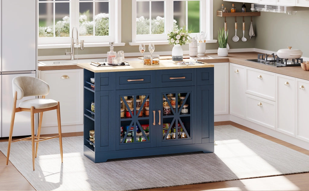 Carrello isola cucina con piano estensibile, prese AC e USB, ante in vetro, ruote con freno, 120x40(65)x92 cm