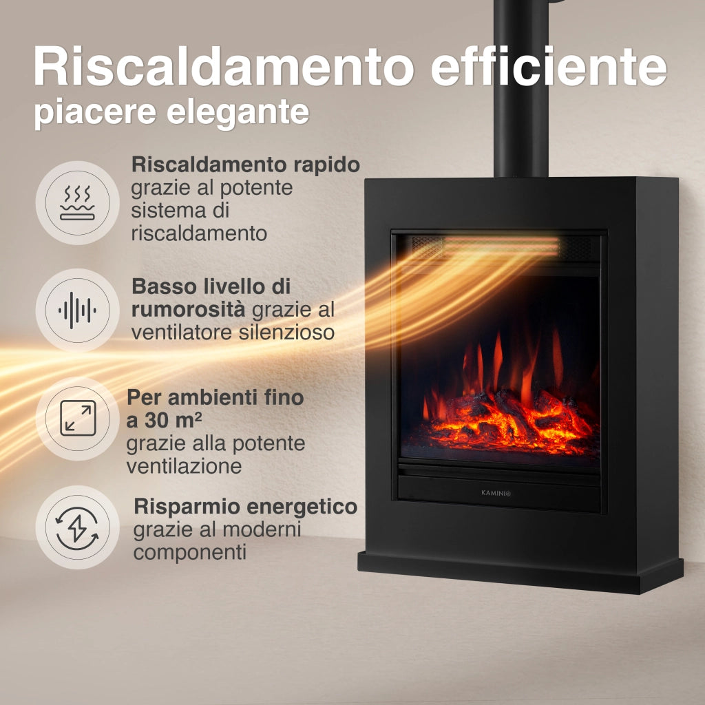 KAMINIO Camino elettrico KALLE con tubo del camino - Caminetto elettrico a pavimento con riscaldamento, effetto fiamma 3D, telecomando - Nero