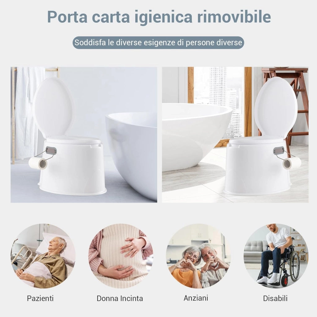 Toilette Portatile WC Chimico, WC da Viaggio Leggero con Secchio Interno Rimovibile,Water Portatile per Adulti e Anziani con Portarotolo, Supporto Carico 200 kg, 41 x 49 x 34 cm