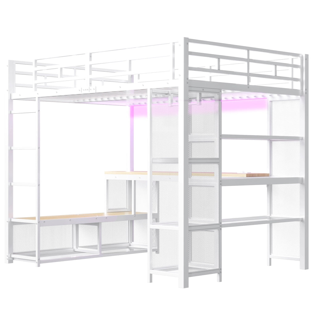 Letto a soppalco 140x200 cm in metallo con scrivania, armadio aperto e LED