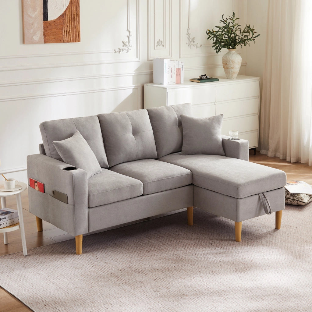 DIVANO angolare con chaise longue e contenitore 175x129x90 cm grigio chiaro cotone e lino