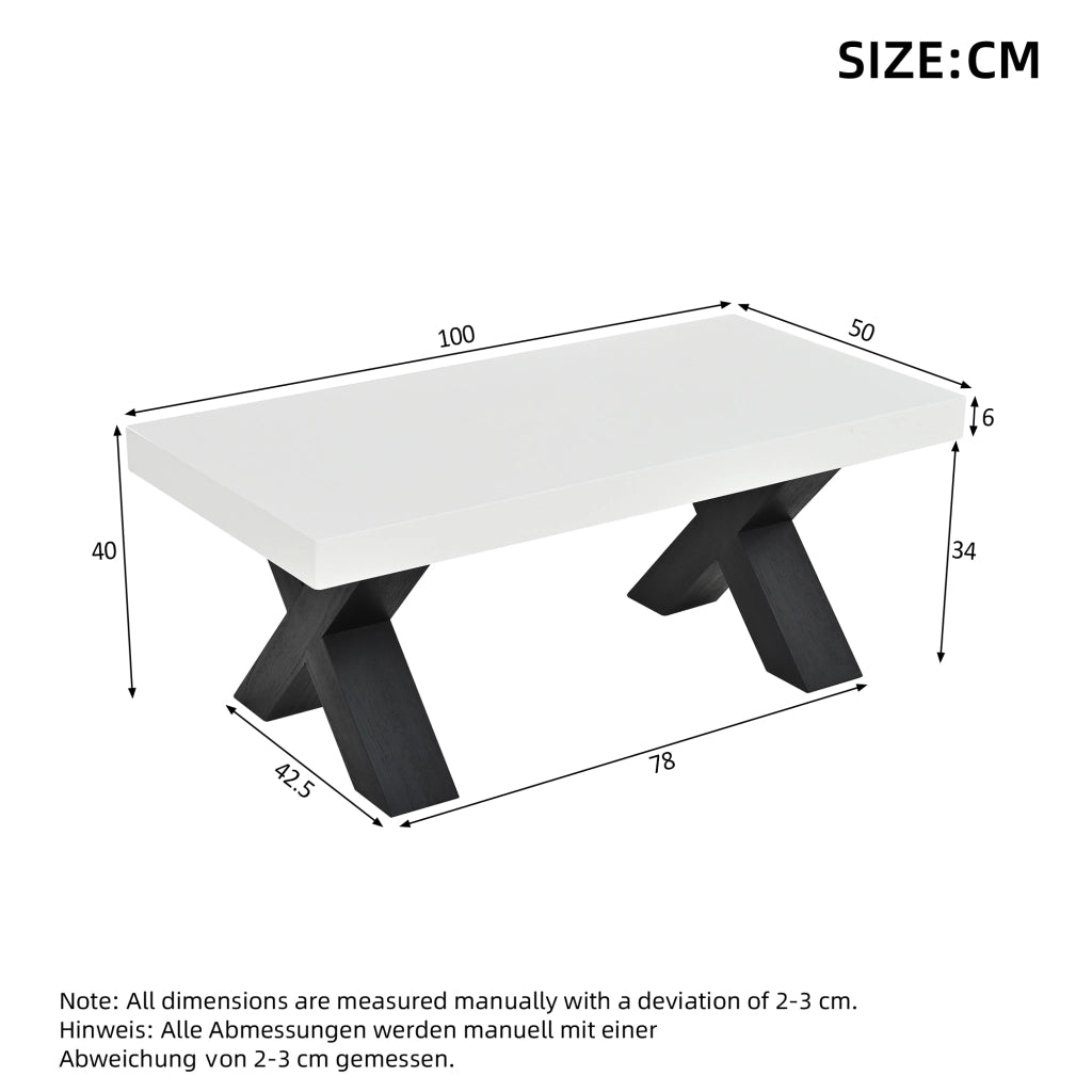 Tavolino basso rettangolare con piano lucido e gambe a X, per soggiorno, in MDF, bianco e nero, 100 × 50 × 40 cm