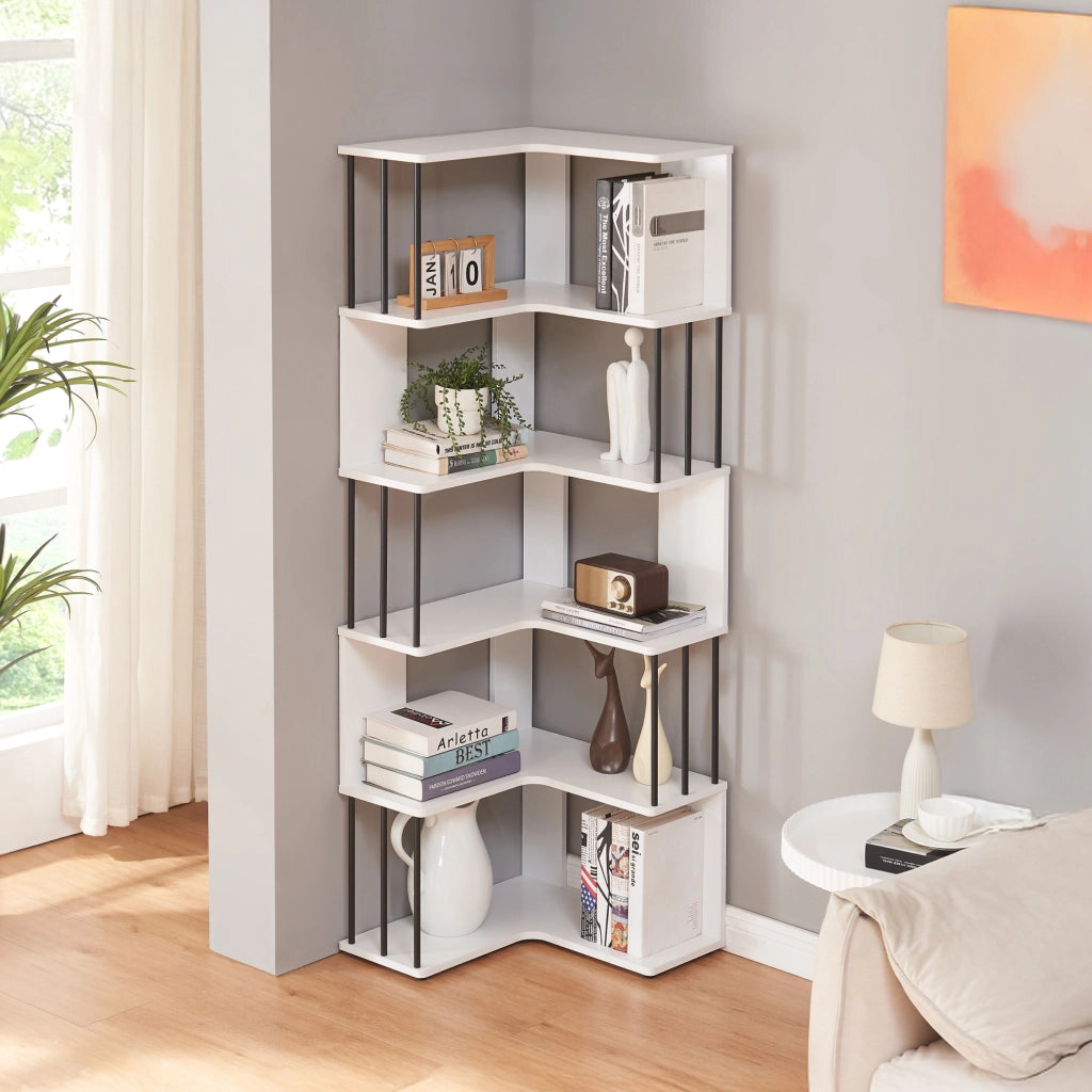Scaffale Angolare Afrel con 5 Ripiani Aperti 160 x 54 x 54 cm - Bianco [en.casa]