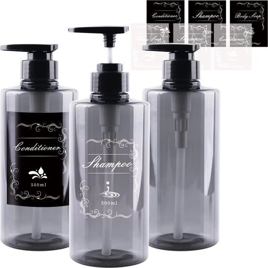 3 set di dispenser per pompa, 500 ml dispenser per sapone, flaconi per pompa, dispenser per denaro per doccia, recipiente per riempimento, dispenser per lozione con etichetta per doccia, lozione, shampoo, grigio
