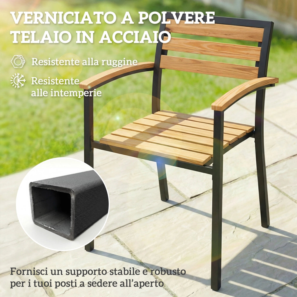 Set 2 Sedie Impilabili da Esterno 56x59x84 cm in Legno e Acciaio Colore Legno e Nero