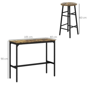 Set tavolo bar 3 pezzi con 2 sgabelli, design industriale, effetto legno, struttura in acciaio e MDF, colore marrone