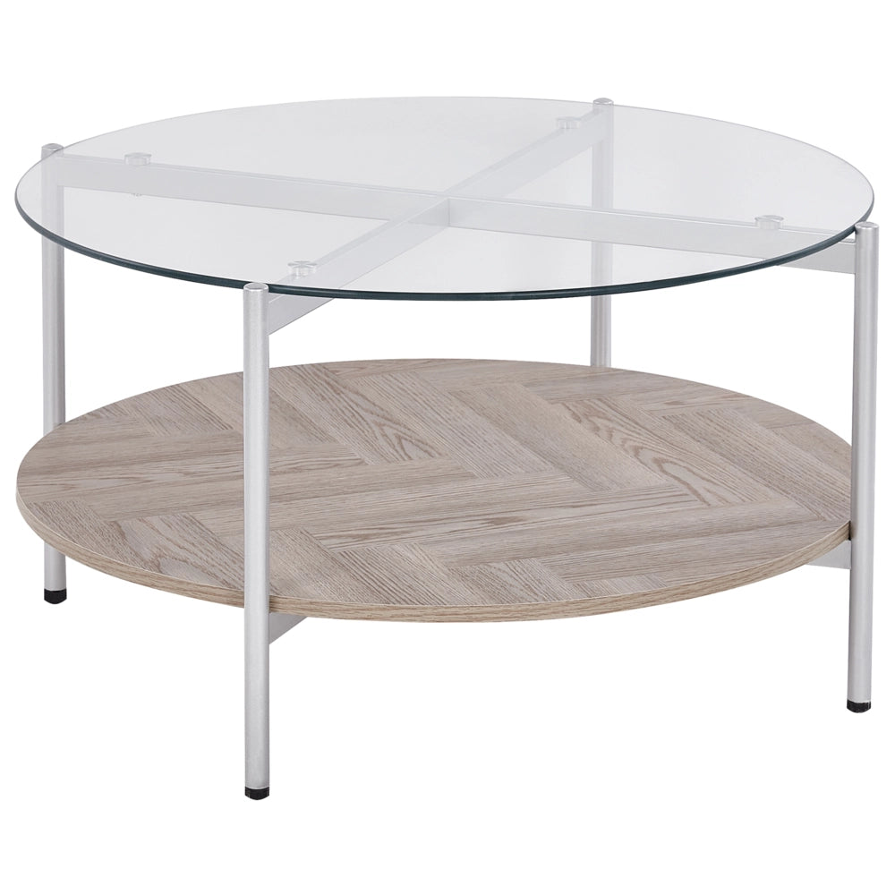Tavolino con piano in vetro temperato con 1 ripiano in legno chiaro argento stile moderno