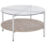 Tavolino con piano in vetro temperato con 1 ripiano in legno chiaro argento stile moderno