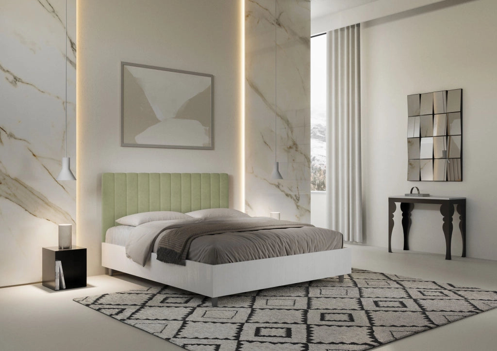 Letto matrimoniale con rete 160x190 bianco frassino testata microfibra tè verde Kaia