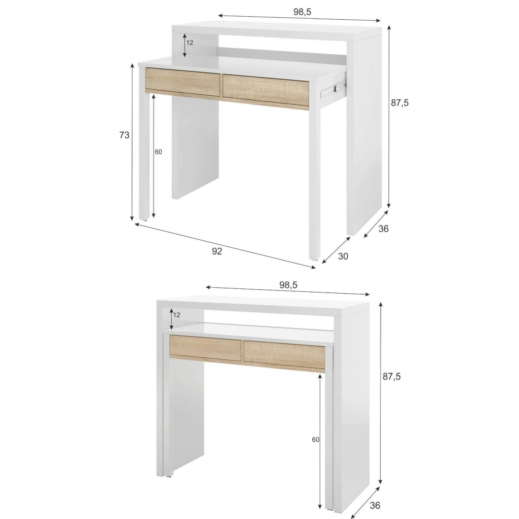 Consolle Andriy, Scrivania con piano estensibile, Scrittoio porta PC con 2 cassetti, cm 99x36h88, Bianco e Rovere