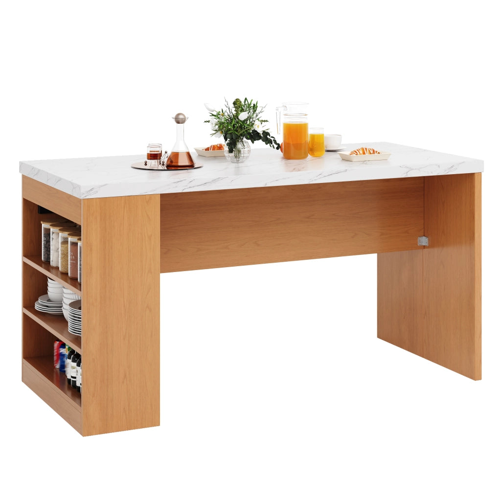 Isola cucina moderna 155x80x90 cm con LED, prese AC+USB, piano spesso 40 mm, MDF naturale/bianco