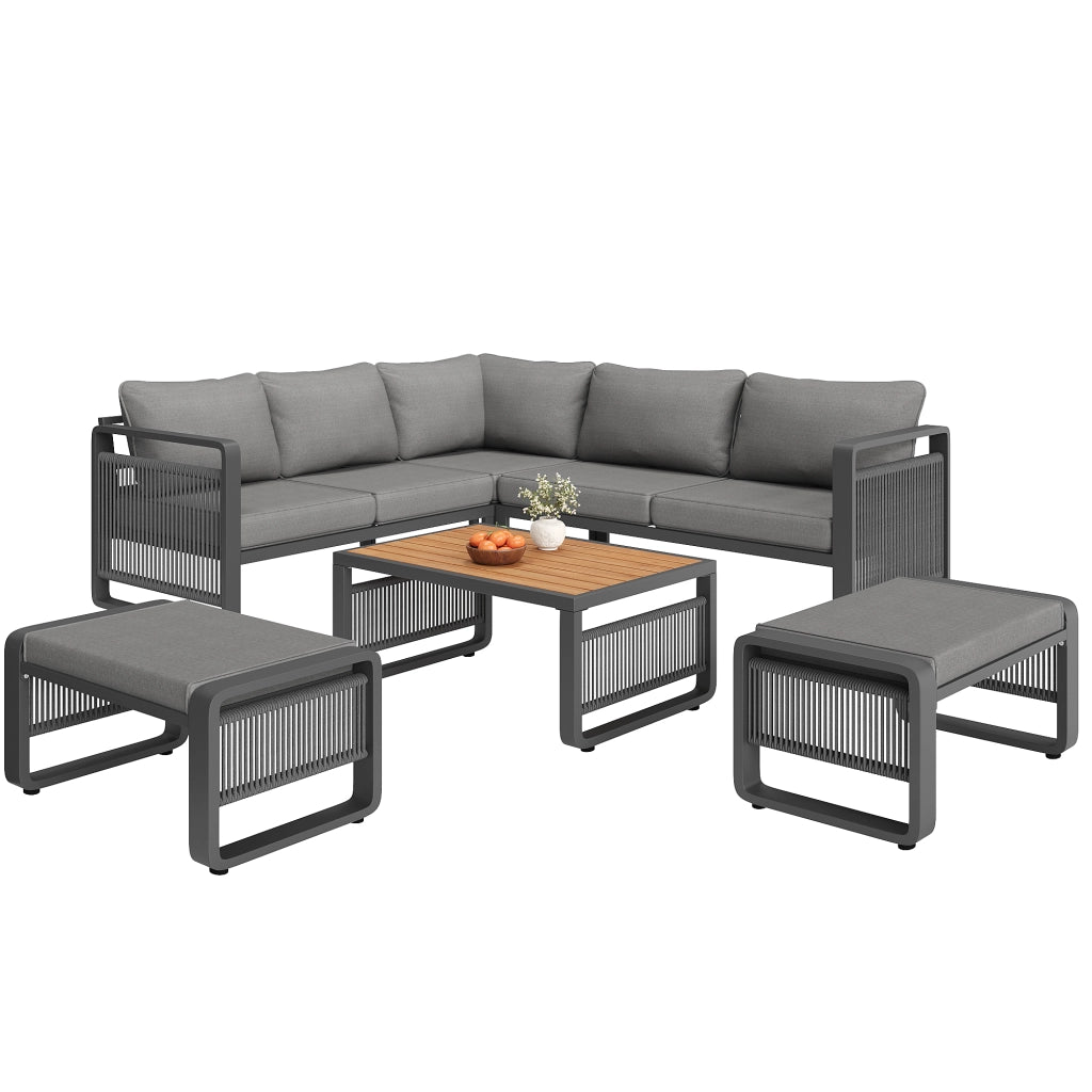 Set Divano da Giardino 6-7 Posti ¨C MINIMAL ¨C Angolare, Corda, Ferro, Cuscini, Grigio