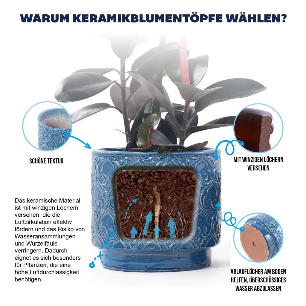 VASO in ceramica Ø 31,5 cm Blu lucido con rilievo floreale