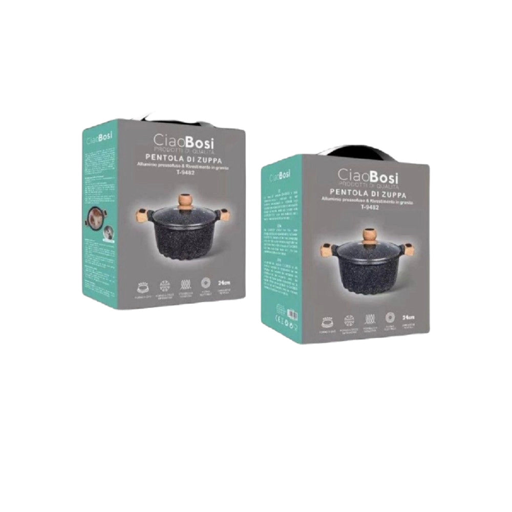 Trade Shop - Pentola Tegame Per Zuppa Rivestito In Granito Con Coperchio Vetro 24 Cm T-9482 -