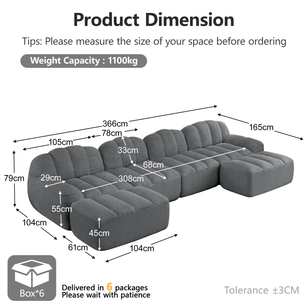 Divano modulare a U 4 posti con 2 pouf componibili seduta profonda design ergonomico in pile granulato grigio