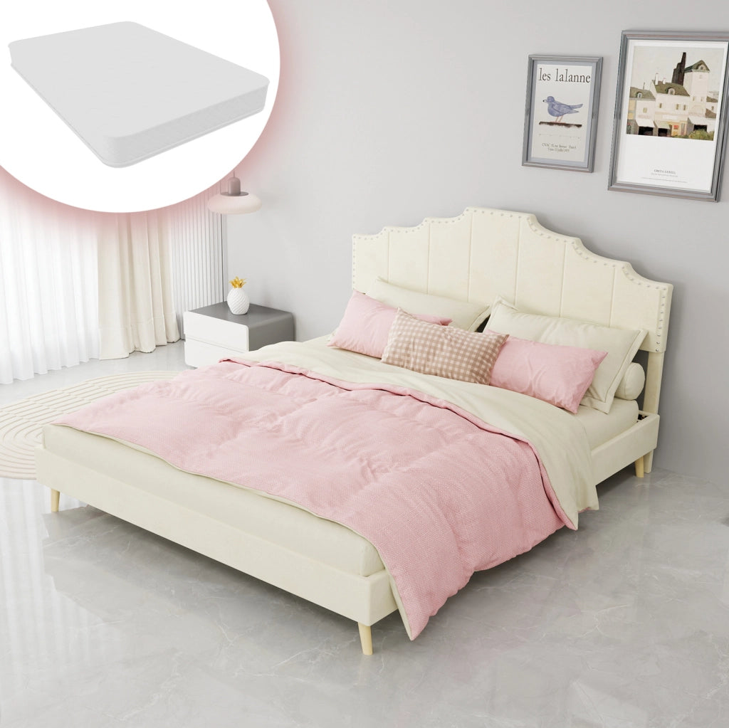 Letto 160x200 cm in tessuto e metallo beige con materasso e testiera alta –