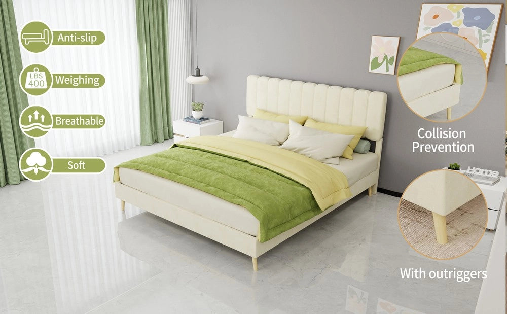 Letto Imbottito con Testiera Morbida ¨C MINIMAL ¨C Beige, 160x200, con Materasso