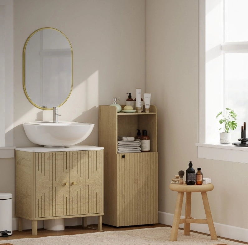 Mobile bagno salvaspazio con anta e ripiani, rovere