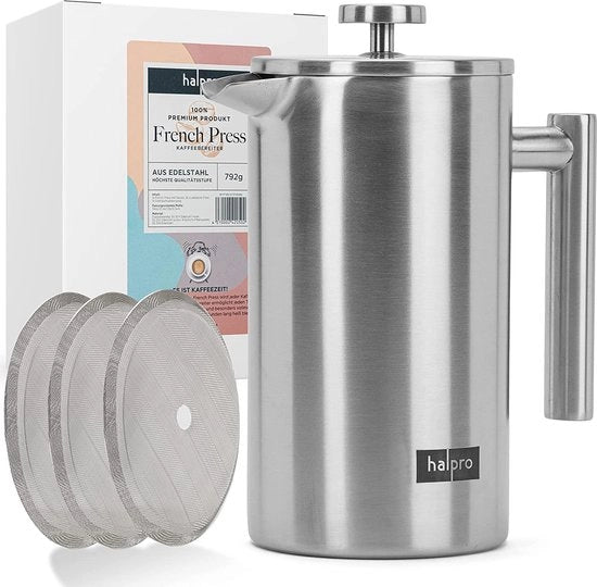 Caffettiera a stantuffo di acciaio inossidabile, doppio strato, isolata, riscaldamento prolungato, caffettiera a stantuffo + 3 filtri di riserva