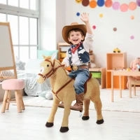 Cavallo Giocattolo con Suoni Realistici, Sella, Briglie e Poggiapiedi, 85x28x60 cm, Beige