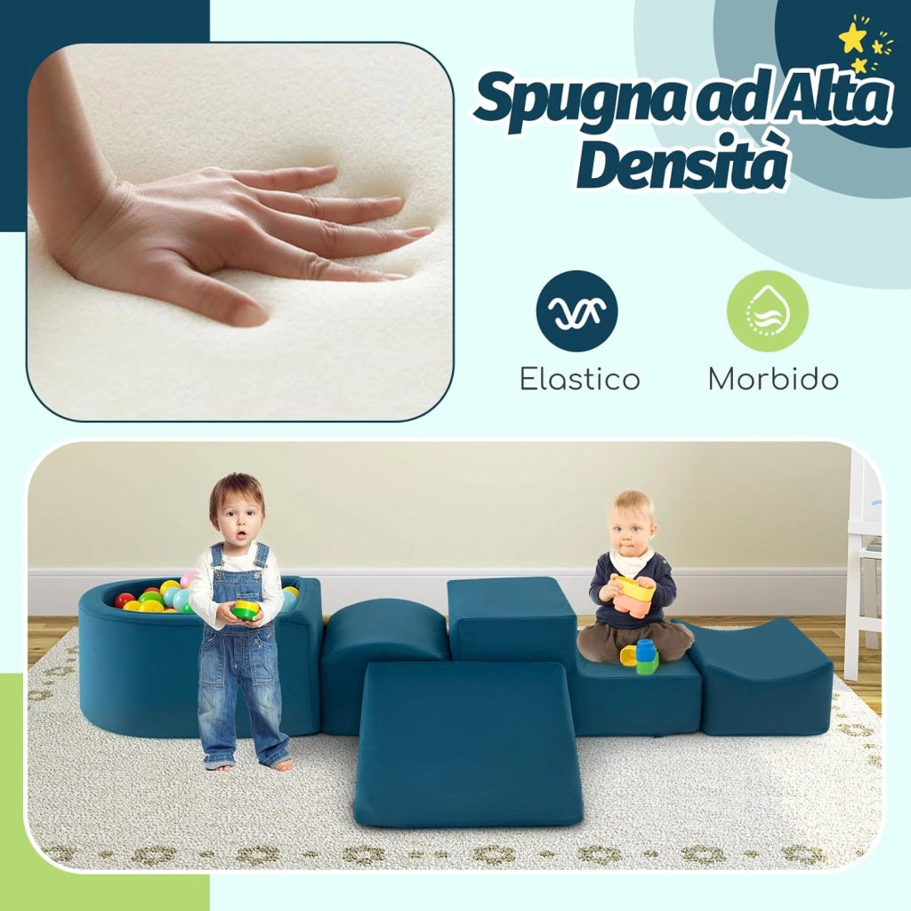 Set di 5 Pezzi Gioco in Schiuma, Blocchi con Piscina di Palline per Bambini, Coperture Lavabili con Cerniere, Blocchi Creativi per Stanza di Giocattoli, Camera da Letto (Blu)